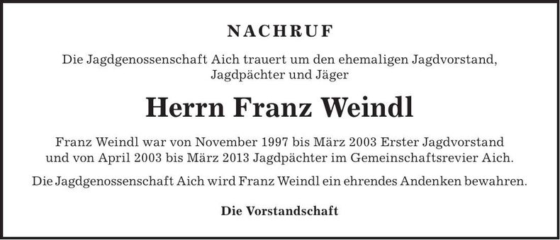 Traueranzeige Franz Weindl