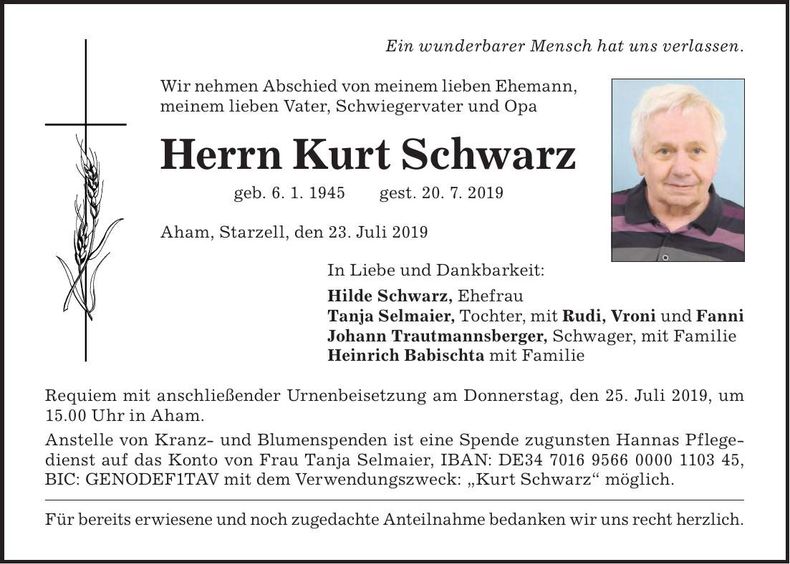 Traueranzeige Kurt Schwarz