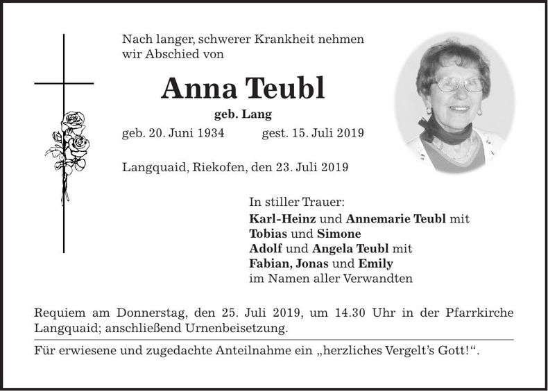 Traueranzeige Anna Teubl