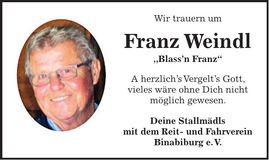 Traueranzeige Franz Weindl