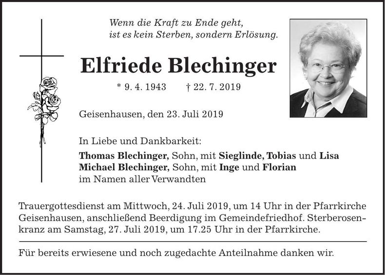 Traueranzeige Elfriede Blechinger