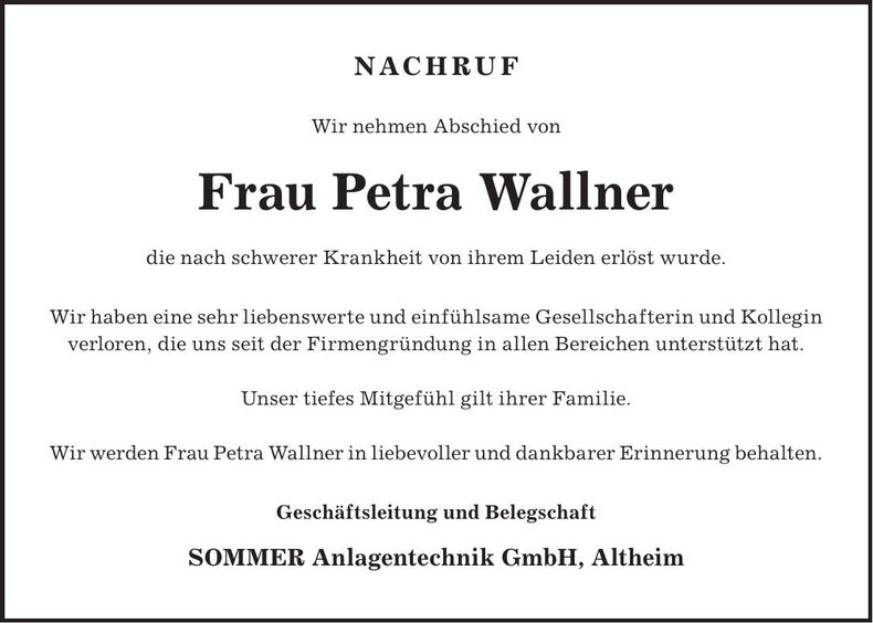 Traueranzeige Petra Wallner
