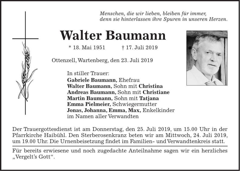 Traueranzeige Walter Baumann