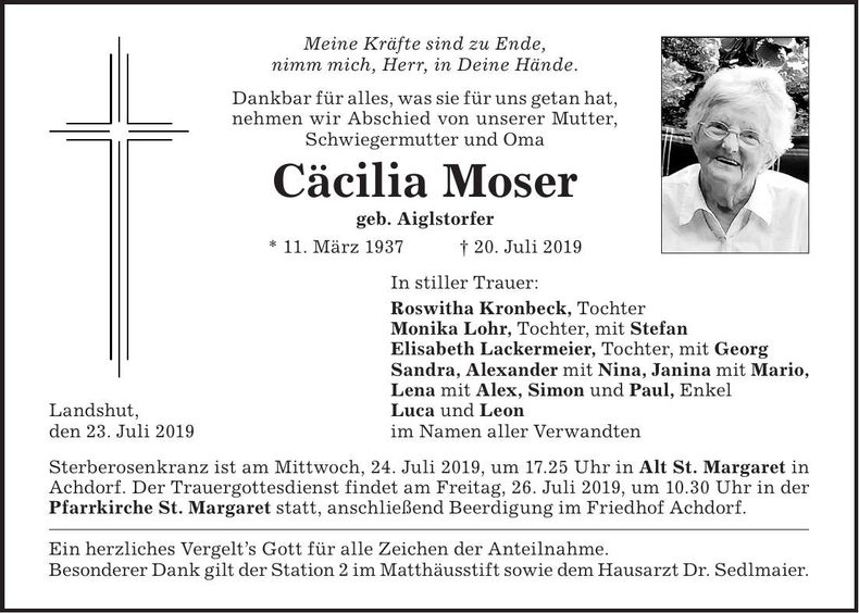 Traueranzeige Cäcilia Moser