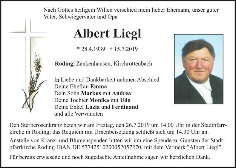 Traueranzeige Albert Liegl
