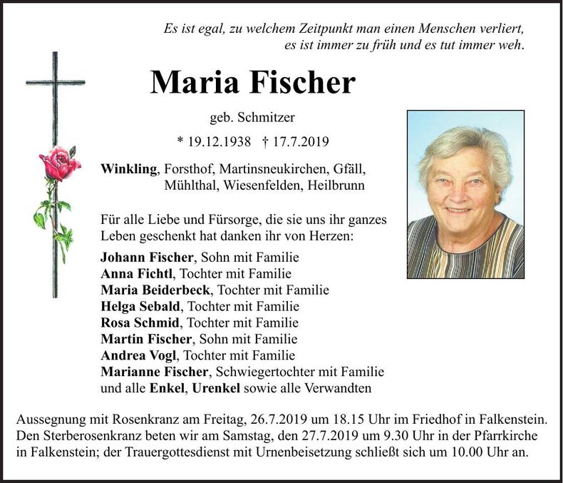 Traueranzeige Maria Fischer