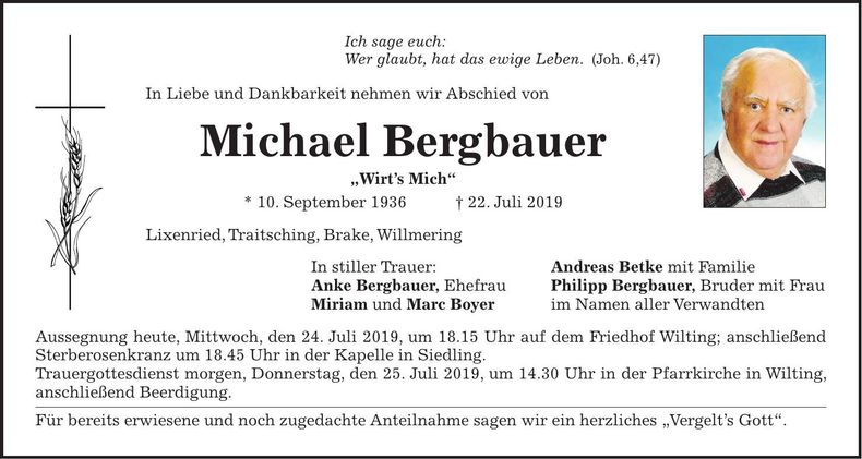 Traueranzeige Michael Bergbauer
