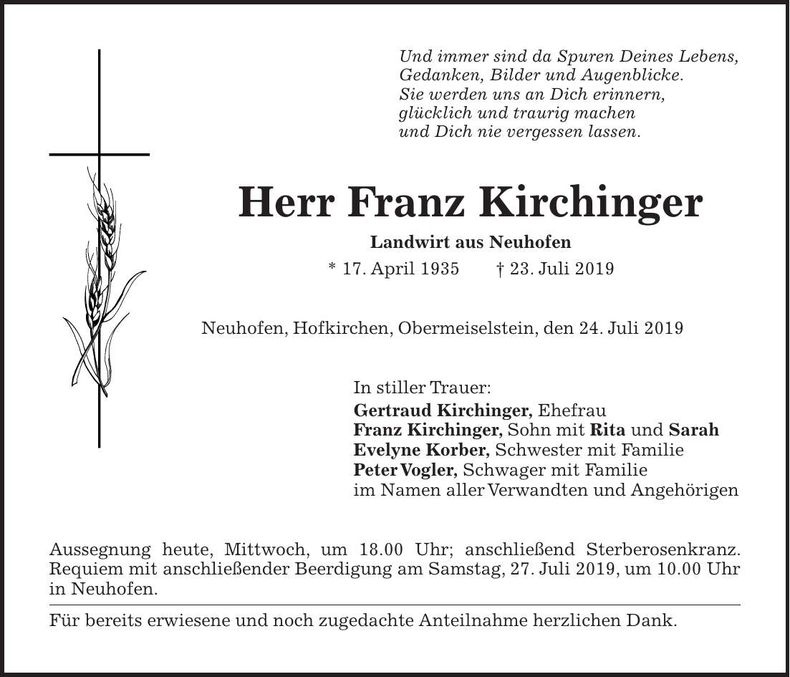 Traueranzeige Franz Kirchinger