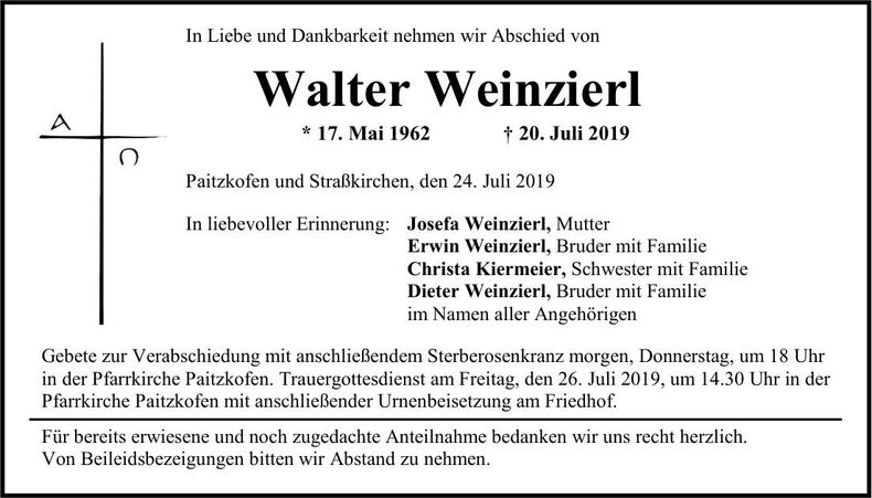Traueranzeige Walter Weinzierl