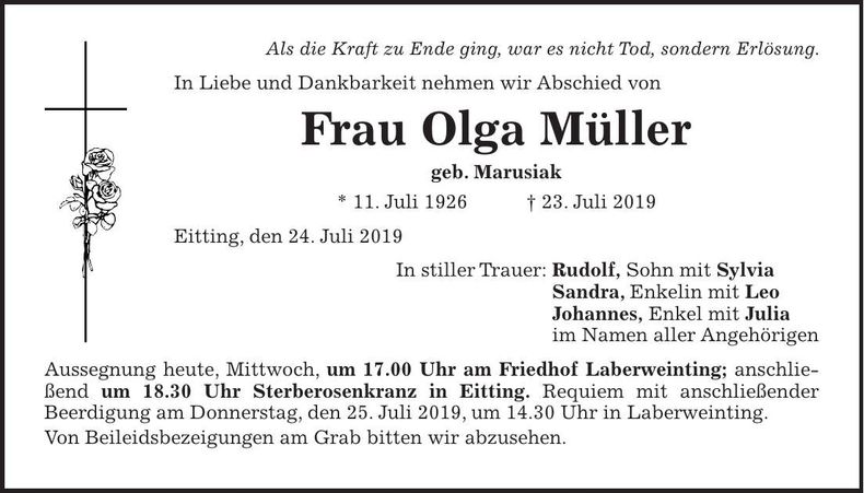 Traueranzeige Olga Müller