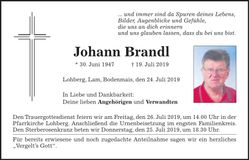 Traueranzeige Johann Brandl