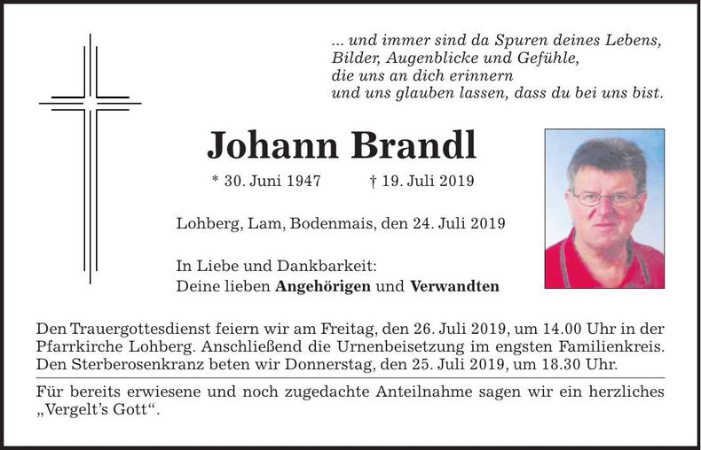 Traueranzeige Johann Brandl