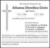 Traueranzeige Johanna Dorothea Grotz
