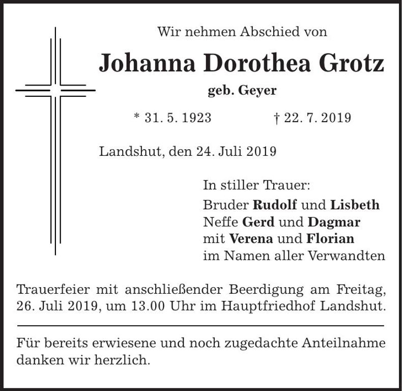 Traueranzeige Johanna Dorothea Grotz