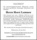 Traueranzeige Horst Lemmer