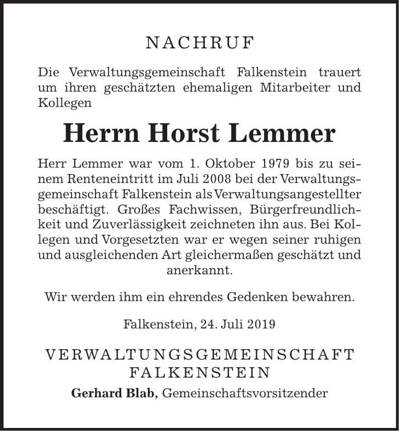 Traueranzeige Horst Lemmer