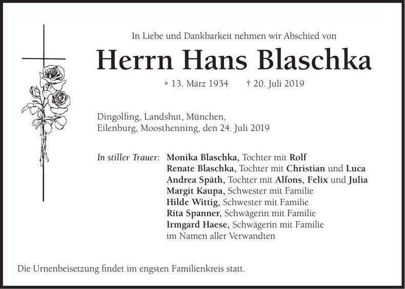 Traueranzeige Hans Blaschka