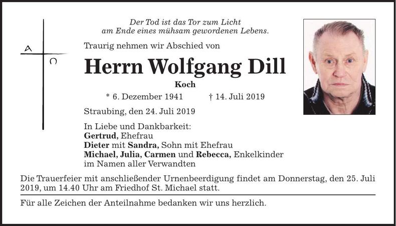 Traueranzeige Wolfgang Dill
