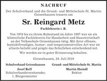 Traueranzeige Sr. Reingard Metz