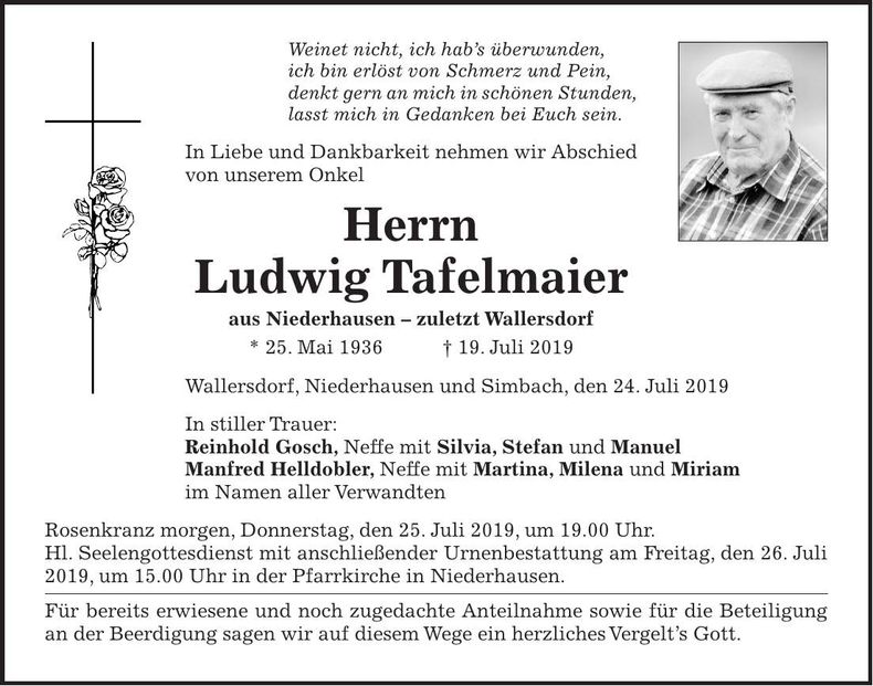 Traueranzeige Ludwig Tafelmaier