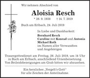 Traueranzeige Aloisia Resch