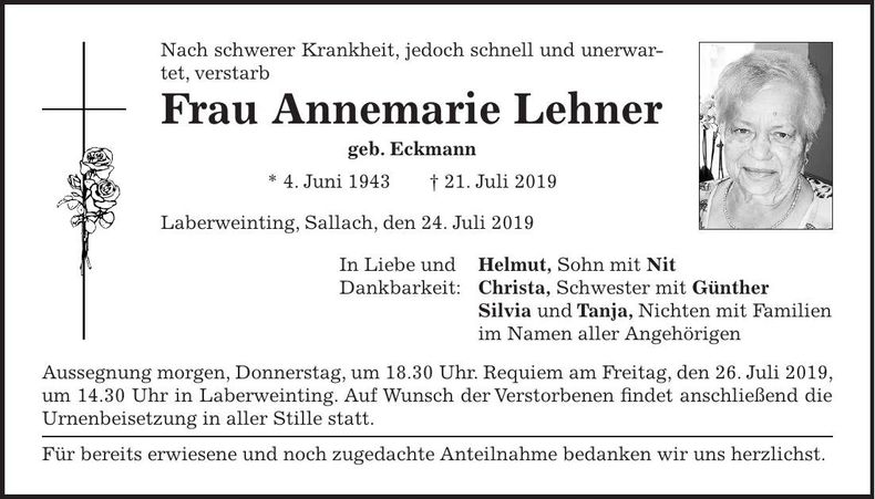 Traueranzeige Annemarie Lehner