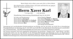 Traueranzeige Xaver Karl