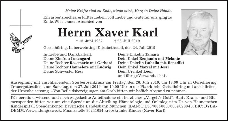 Traueranzeige Xaver Karl