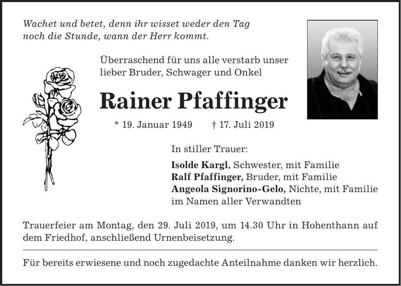 Traueranzeige Rainer Pfaffinger