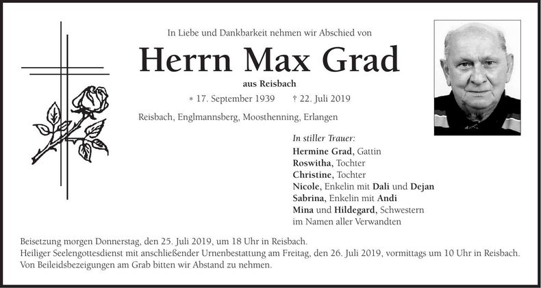 Traueranzeige Max Grad