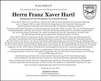 Traueranzeige Franz Xaver Hartl