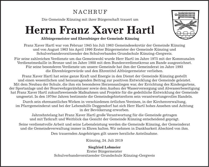 Traueranzeige Franz Xaver Hartl