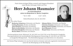 Traueranzeige Johann Haumaier
