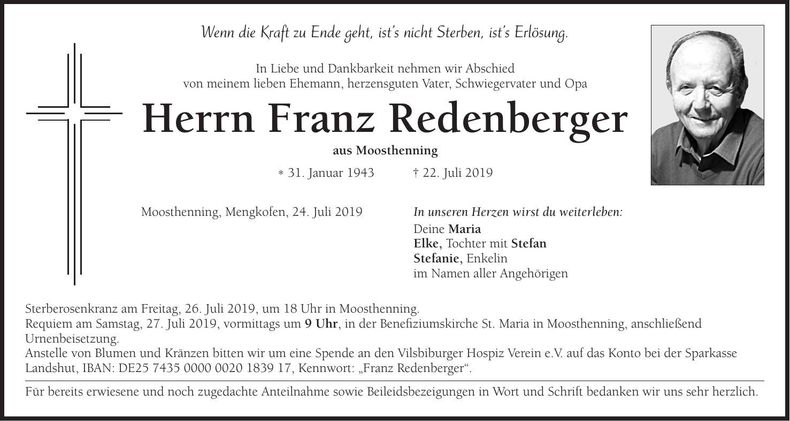 Traueranzeige Franz Redenberger