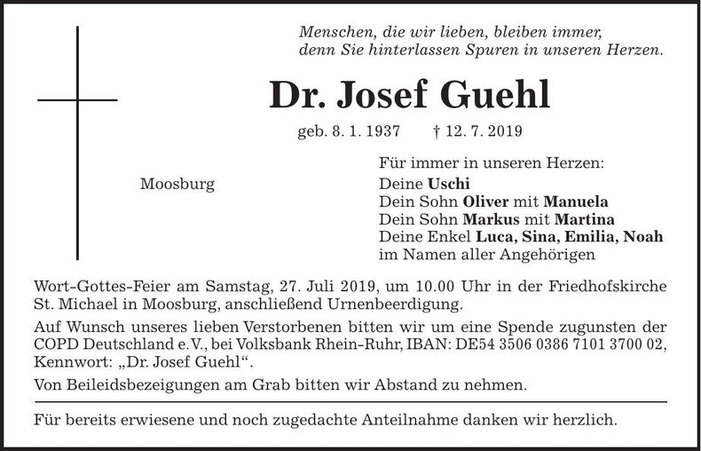 Traueranzeige Dr. Josef Guehl