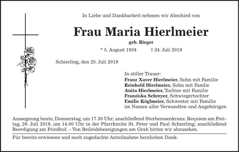 Traueranzeige Maria Hierlmeier