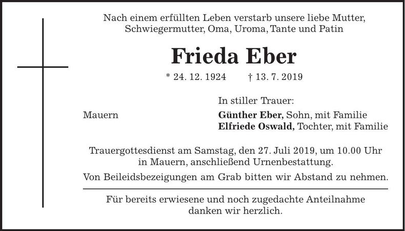 Traueranzeige Frieda Eber