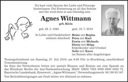 Traueranzeige Agnes Wittmann