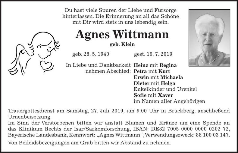 Traueranzeige Agnes Wittmann