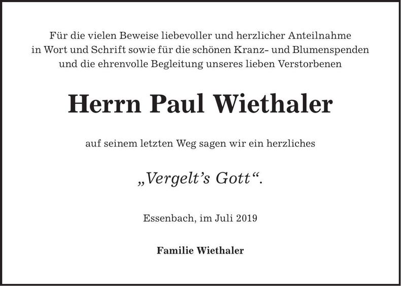 Traueranzeige Paul Wiethaler