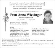 Traueranzeige Anna Wiesinger