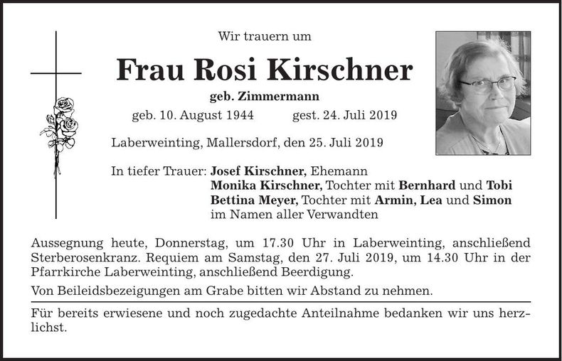 Traueranzeige Rosi Kirschner