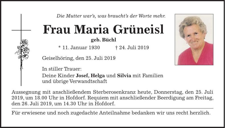 Traueranzeige Maria Grüneisl