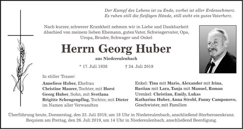 Traueranzeige Georg Huber