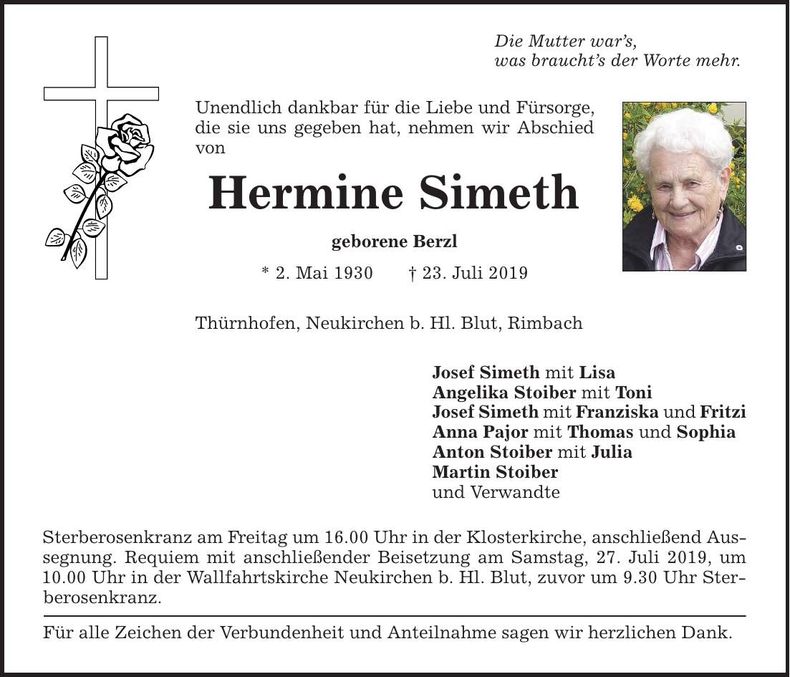 Traueranzeige Hermine Simeth