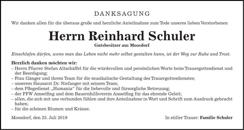 Traueranzeige Reinhard Schuler
