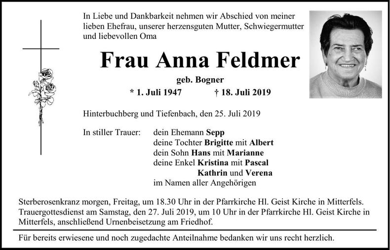 Traueranzeige Anna Feldmer