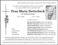 Traueranzeige Maria Detterbeck