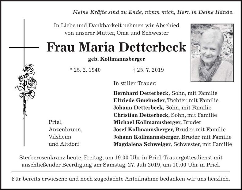 Traueranzeige Maria Detterbeck
