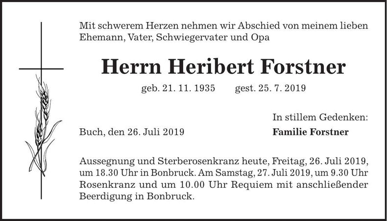 Traueranzeige Heribert Forstner